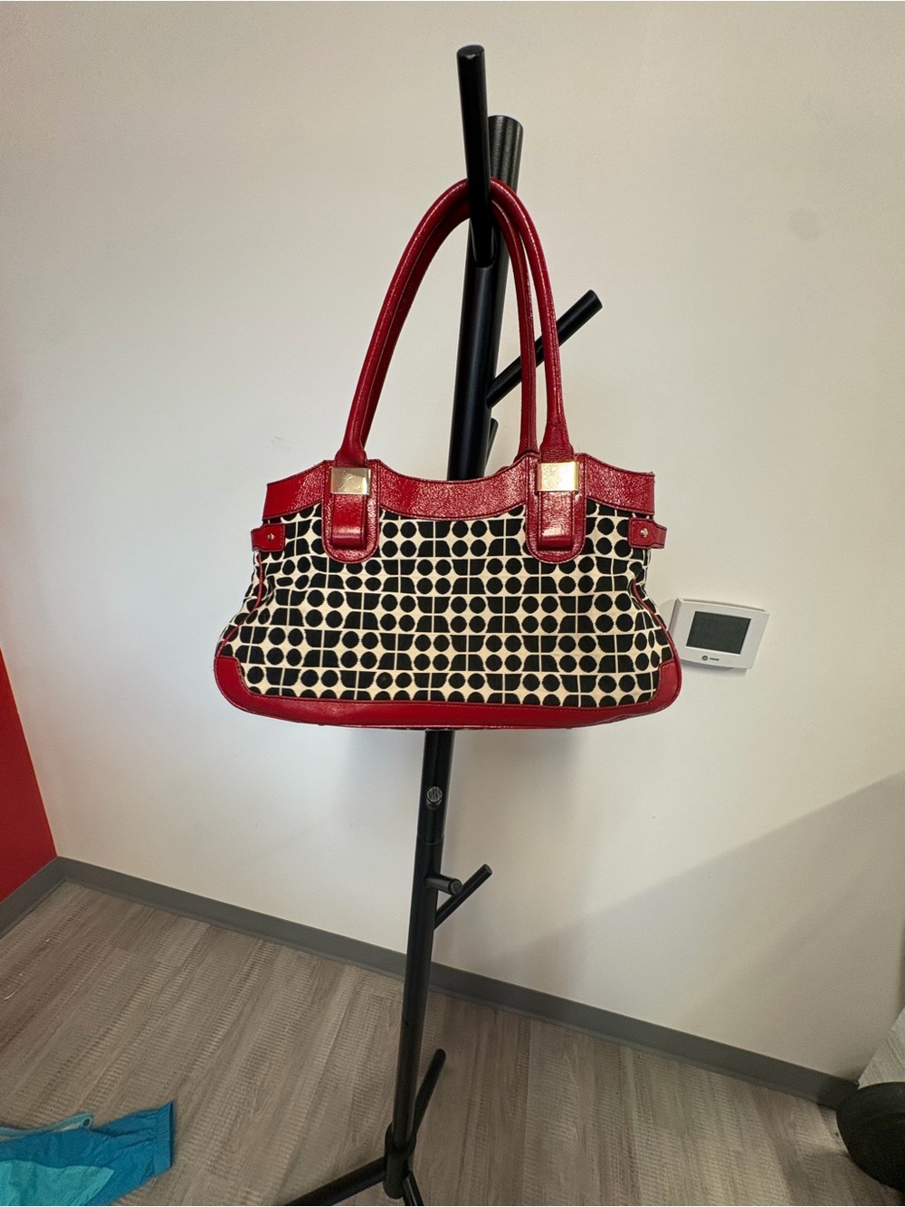 Kate Spade Red Trim Black & White Geometric Canvas Tote